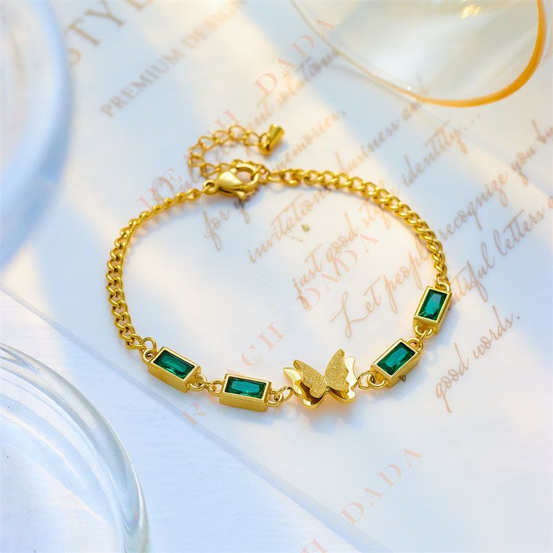 DaDa Hot selling retro temperament, fashionable and simple, green diamond-encrusted square butterfly chain, titanium steel jewelry versatile bracelet