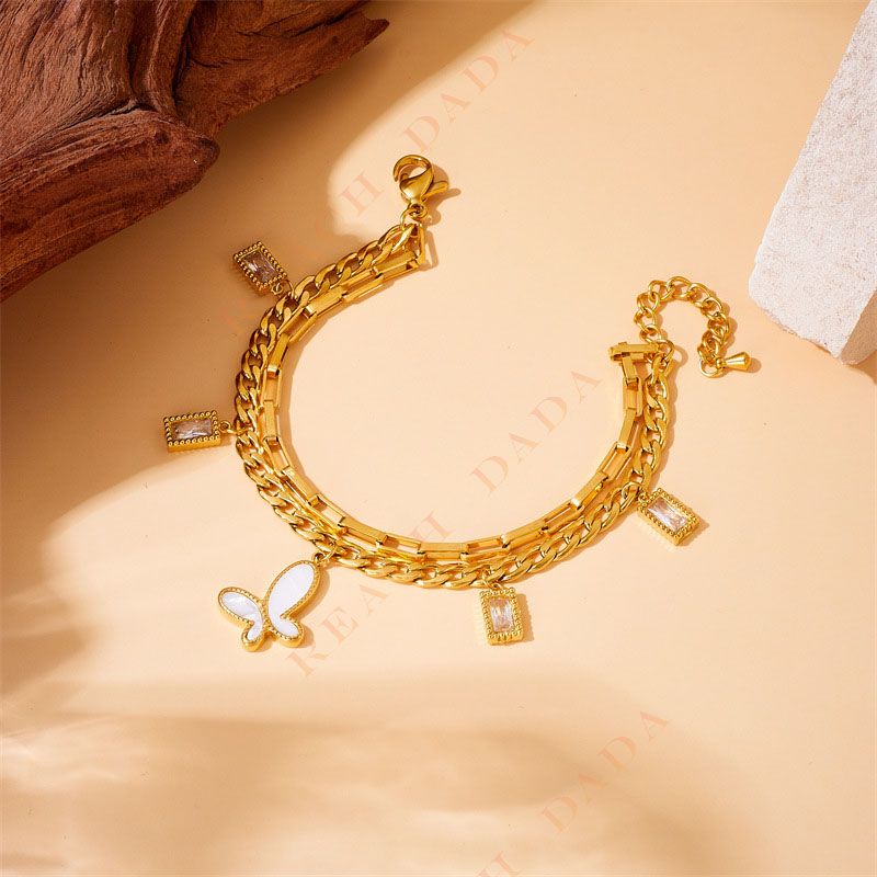 DaDa Stylish Personality Double stacked stainless steel gold-plated diamond cube shell butterfly pendant chain bracelet