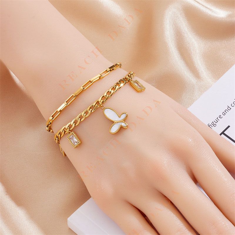 DaDa Stylish Personality Double stacked stainless steel gold-plated diamond cube shell butterfly pendant chain bracelet