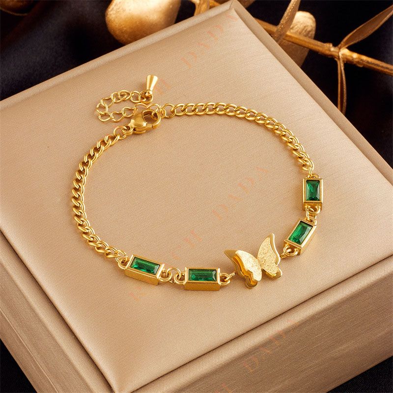 DaDa Hot selling retro temperament, fashionable and simple, green diamond-encrusted square butterfly chain, titanium steel jewelry versatile bracelet