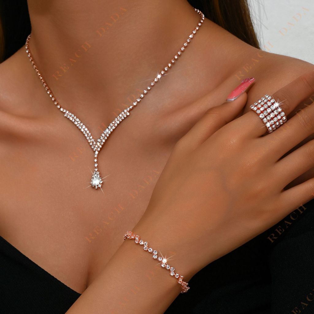 DaDa Fashion simple V-shaped water drop necklace earrings bracelet ring jewelry full of diamonds set of bridal dress accessories