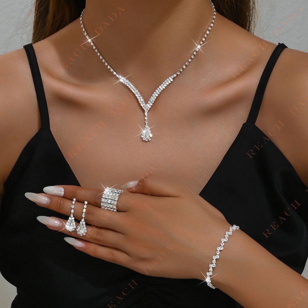 DaDa Fashion simple V-shaped water drop necklace earrings bracelet ring jewelry full of diamonds set of bridal dress accessories