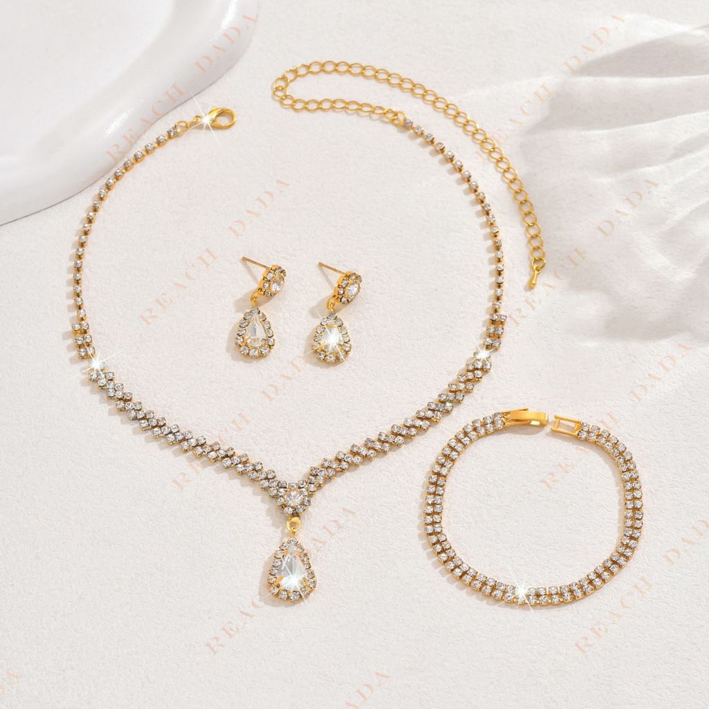 DaDa New Jewelry-Metal Diamond Necklace, Earrings, Bracelet Three-Piece Wedding Bridal Jewelry Set Set