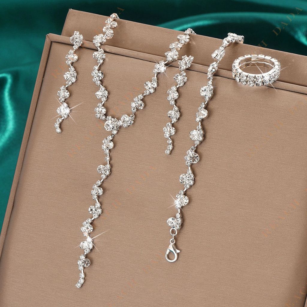 DaDa Hot Sale Jewelry Set Fashion Wedding Tassel Silver Necklace Earrings Bracelet Ring Set