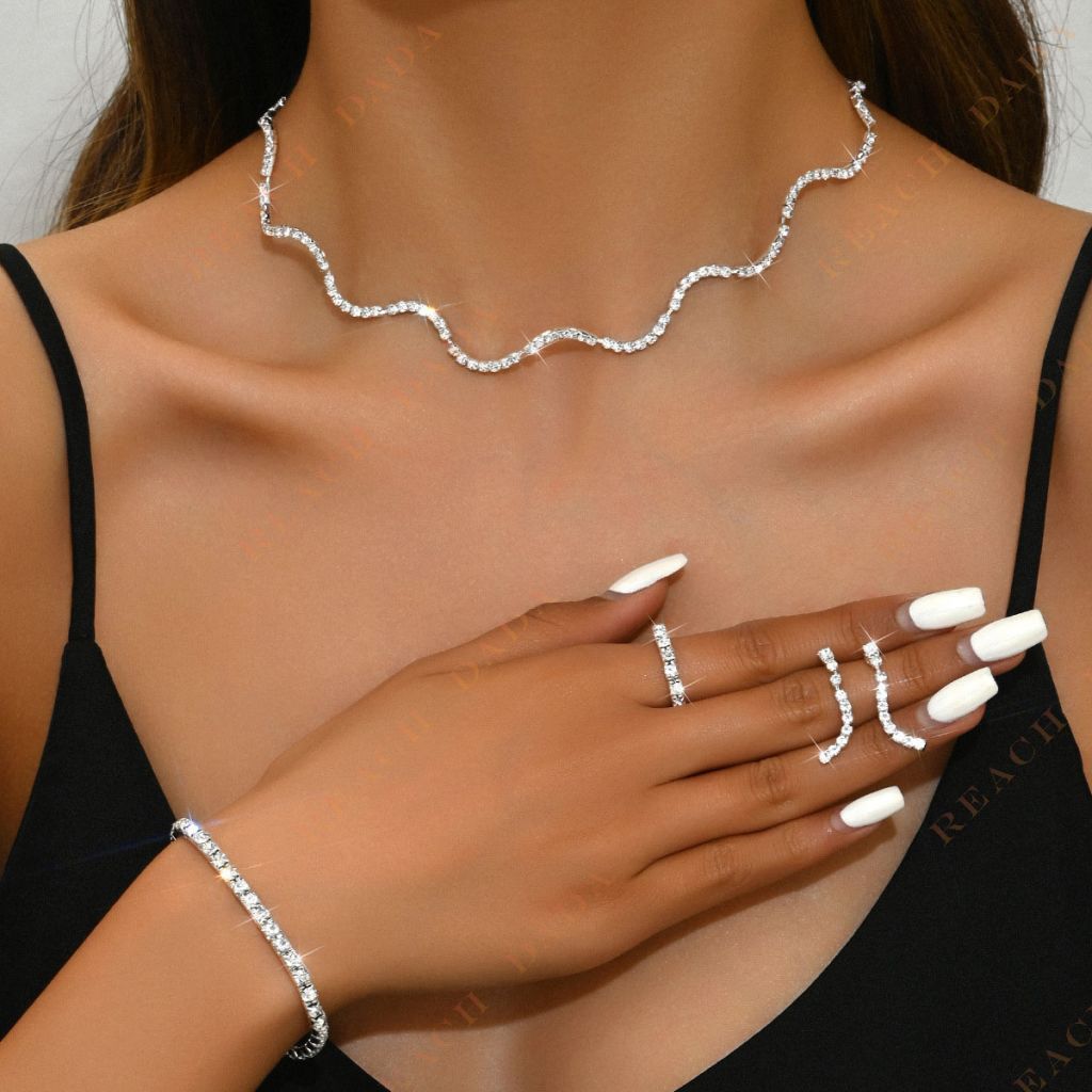 DaDa European and American fashion full of diamonds sparkling necklaces, earrings, rings, bracelets, sets, bridal necklaces, earrings, five-piece set of jewelry