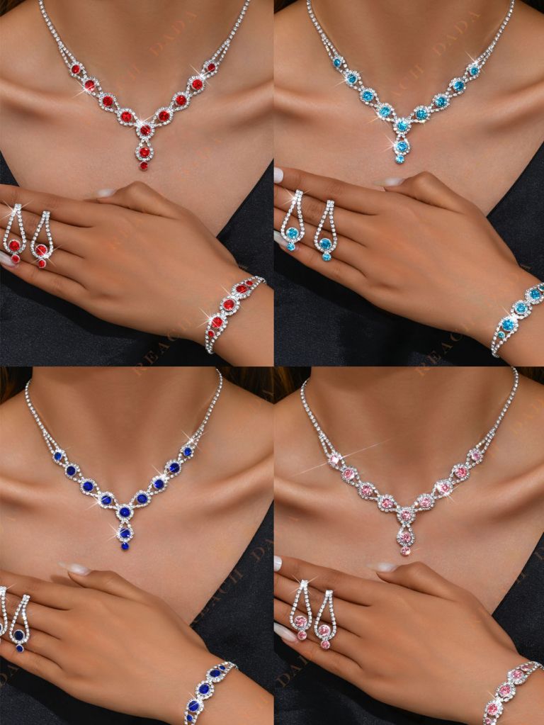 DaDa European and American fashion pink, blue, red, rhinestone necklace, earrings, bracelet set, popular full diamond three-piece set