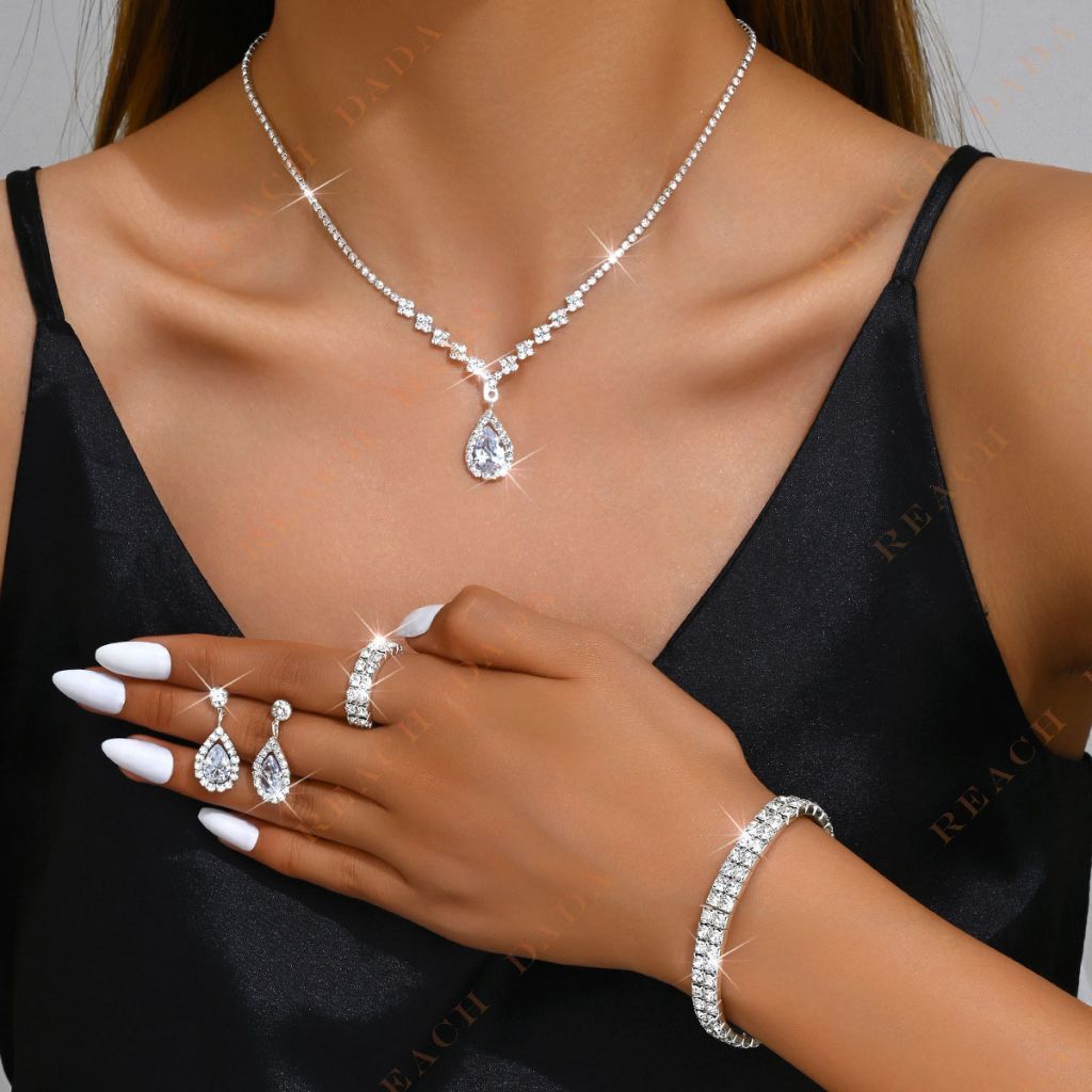 DaDa New Jewelry-Metal Diamond Necklace, Earrings, Bracelet Three-Piece Wedding Bridal Jewelry Set Set