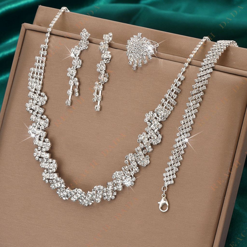 DaDa Fashion Necklace Earrings Bracelet Set Bridal Ring New Zircon Four Piece Set Fashion Full Diamond Jewelry