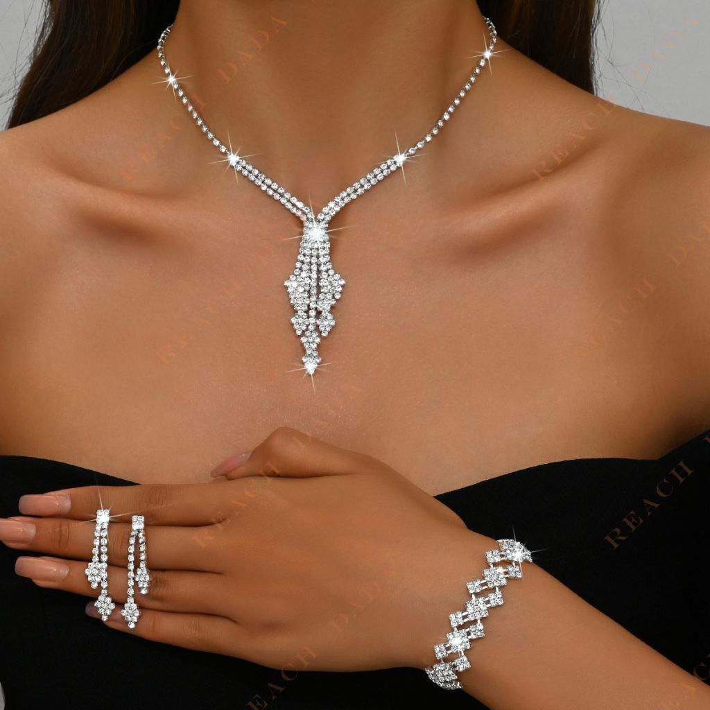 DaDa Hot Selling Atmosphere Fashion Brilliant Diamond Rhinestone Pendant Necklace Earrings Bracelet Bridal Jewelry Wedding Set