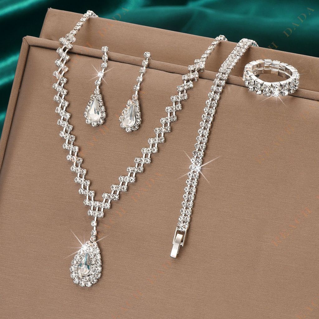 DaDa Fashion Necklace Earrings Bracelet Set Bridal Ring New Four Piece Set Fashion Full Diamond Jewelry