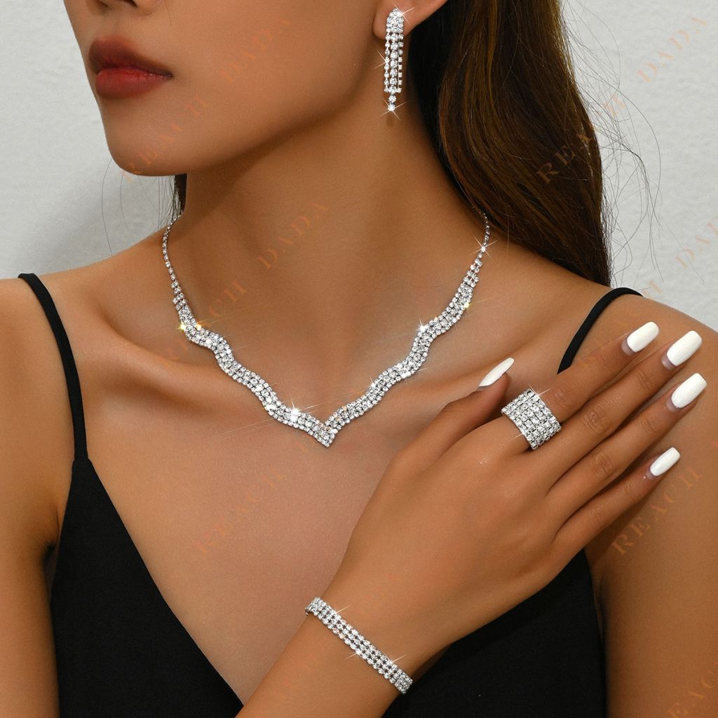 DaDa New necklace earrings bracelet ring set silver claw chain rhinestone jewelry bridal wedding dress accessories