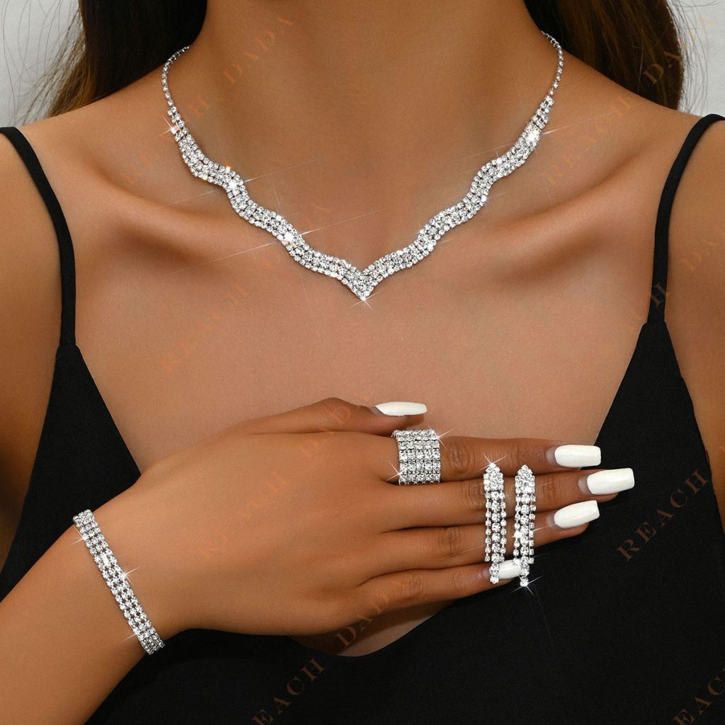 DaDa New necklace earrings bracelet ring set silver claw chain rhinestone jewelry bridal wedding dress accessories