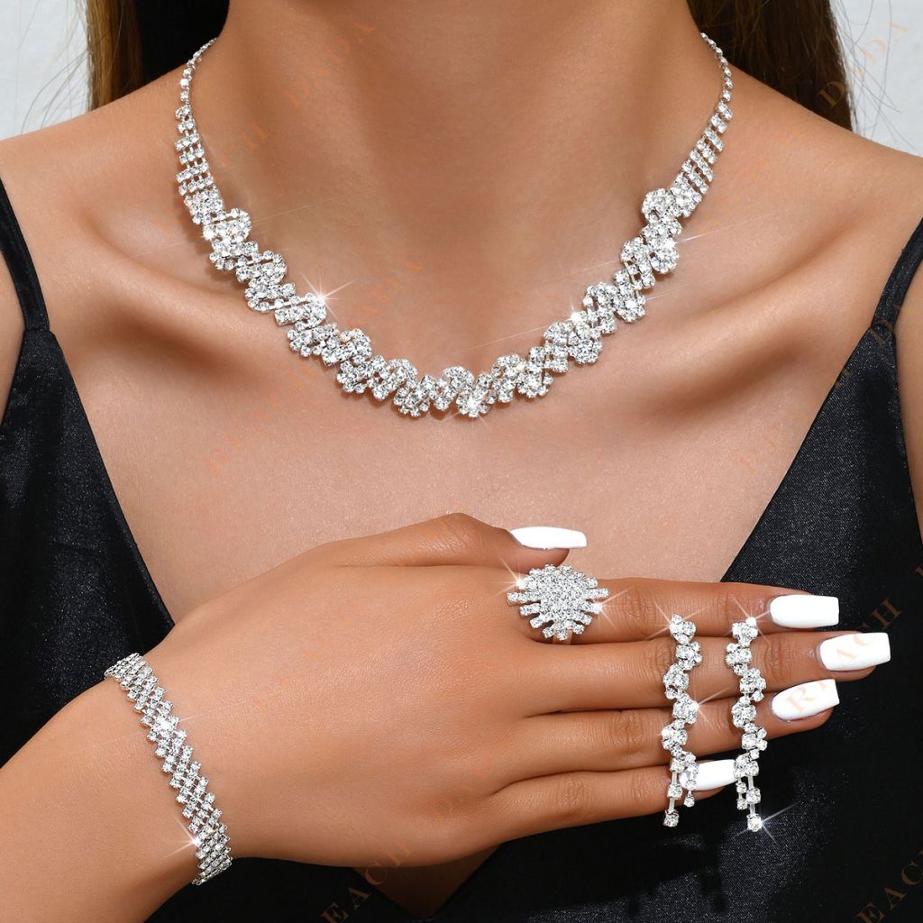 DaDa Fashion Necklace Earrings Bracelet Set Bridal Ring New Zircon Four Piece Set Fashion Full Diamond Jewelry