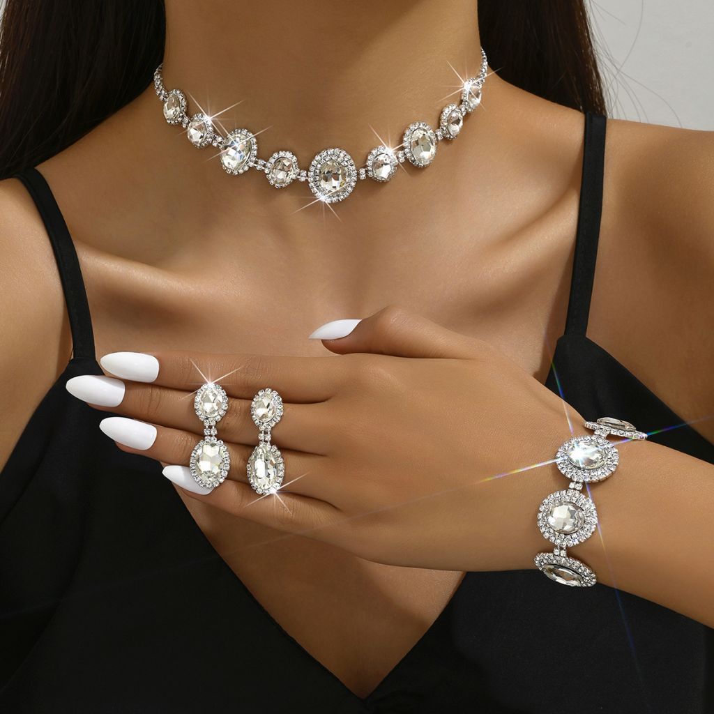 DaDa Fashionable exaggerated diamond-encrusted white egg-shaped crystal jewelry bridal wedding accessories necklace earring set