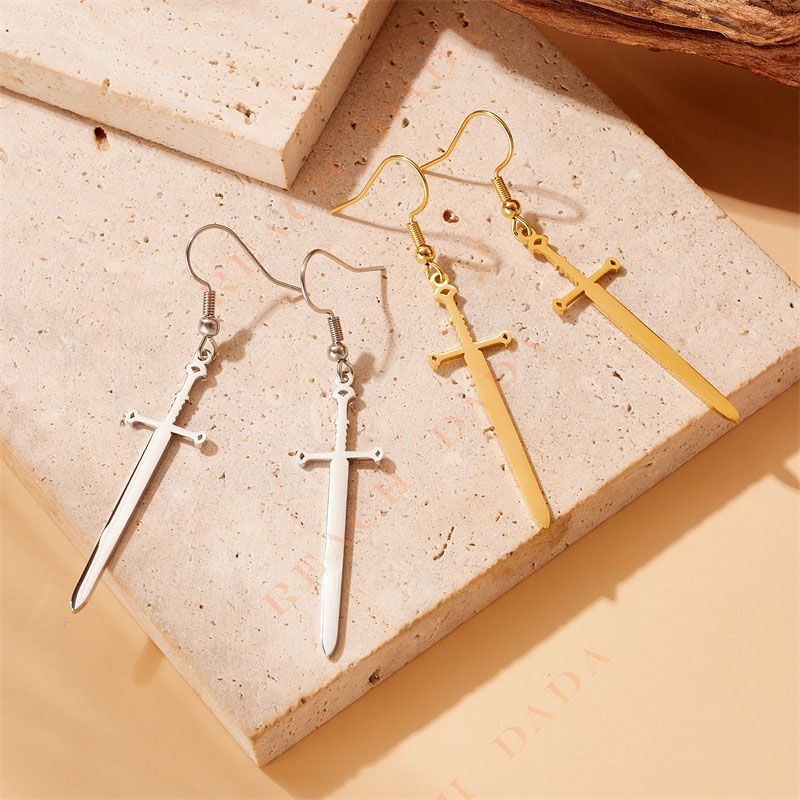 DaDa Popular fashion creative personality gold-plated stainless steel cross sword pendant earrings