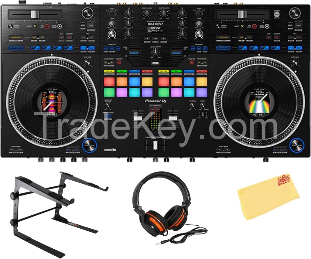 Pioneers DDJ-REV7 Scratch-Style 2-Channel Professional DJ Controller Bundle with Stand, Headphones, and Austin Bazaar Polishing Cloth