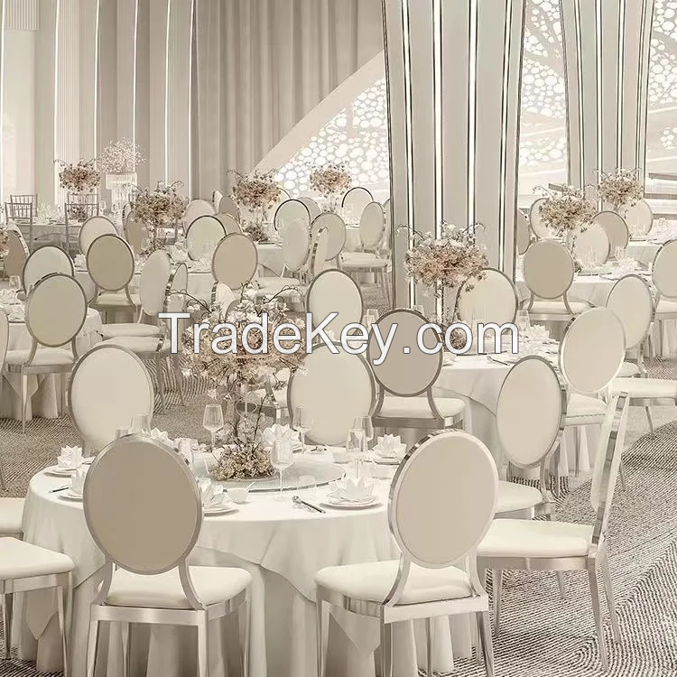 White Leather Golden Stainless Steel Round Back Design Dining Restaurant Hotel Banquet Party Ballroom Event Rental Wedding Chair