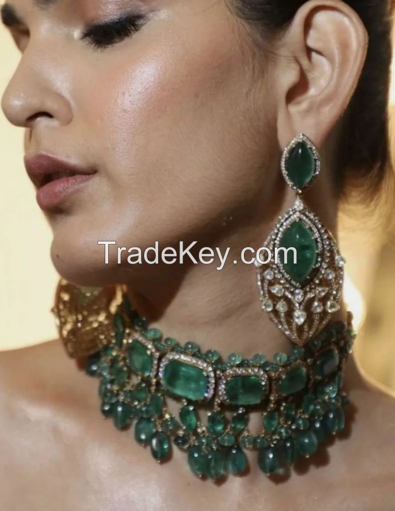 Contemporary Designer Emerald Stone And Beads Silver CZ Choker Necklace