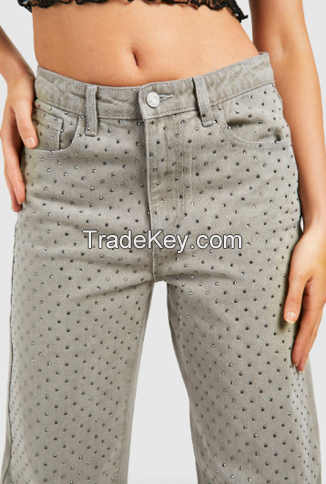 New Design Straight Women Denim Pants with rhinestone