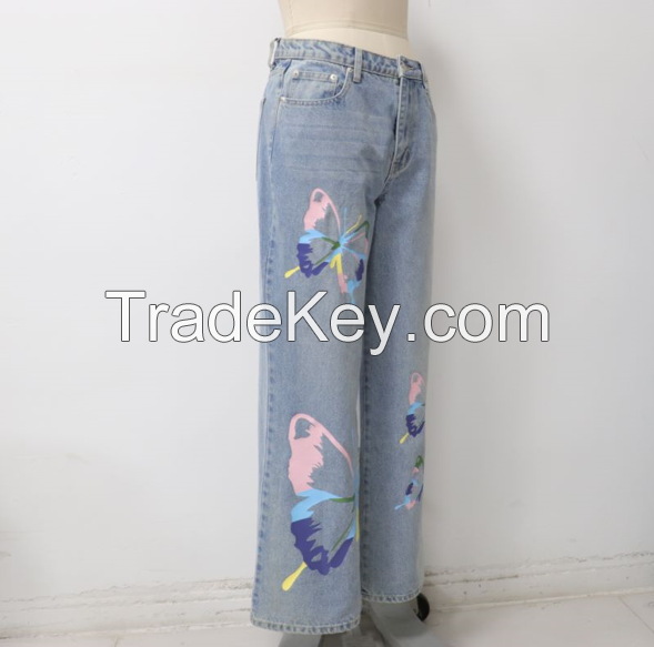 Women Trendy Print Straight Leg Jeans With butterfly-print