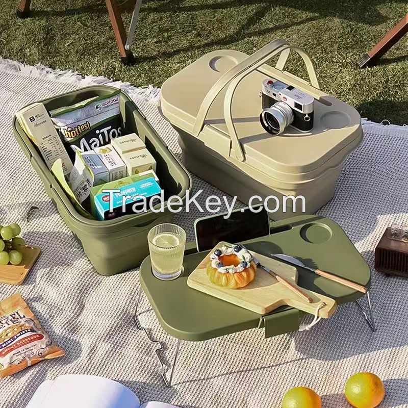 Factory Selling New Arrival Camping Plastic Collapsible Basket with Mini Lightweight Picnic Table 2 in 1