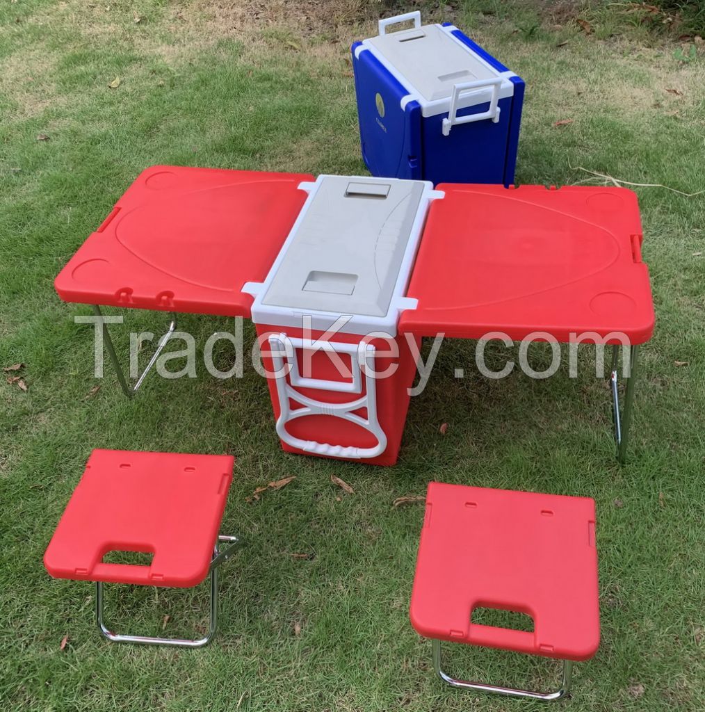 Factory Selling New Arrival Camping Plastic Function Rolling Cooler Cart Cooler Box Picnic Camping Outdoor with Table and Chairs