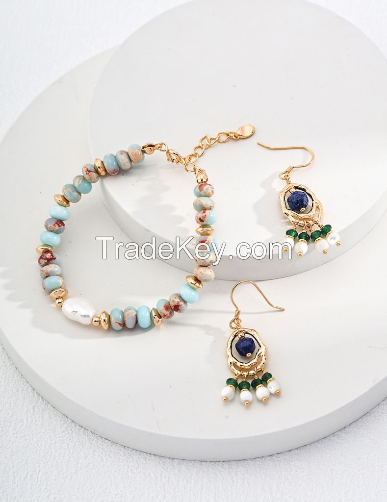 925 Silver Shell Lapis Lazuli Synthetic Emerald Earrings