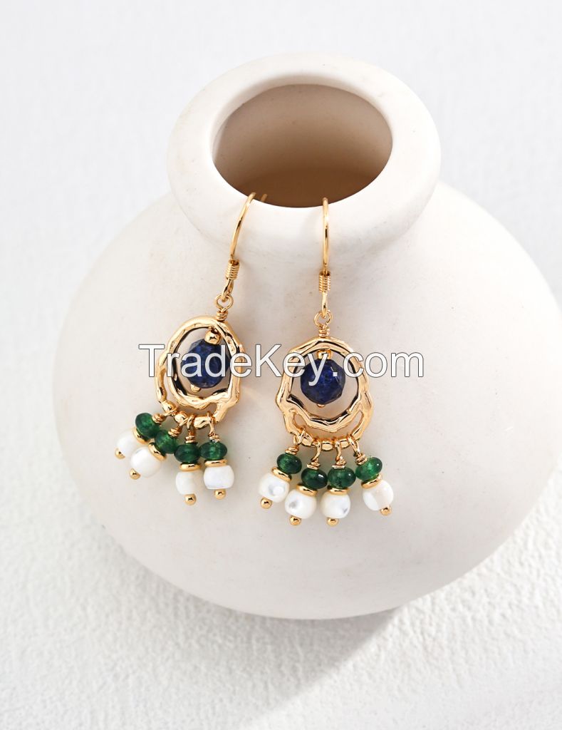 925 Silver Shell Lapis Lazuli Synthetic Emerald Earrings