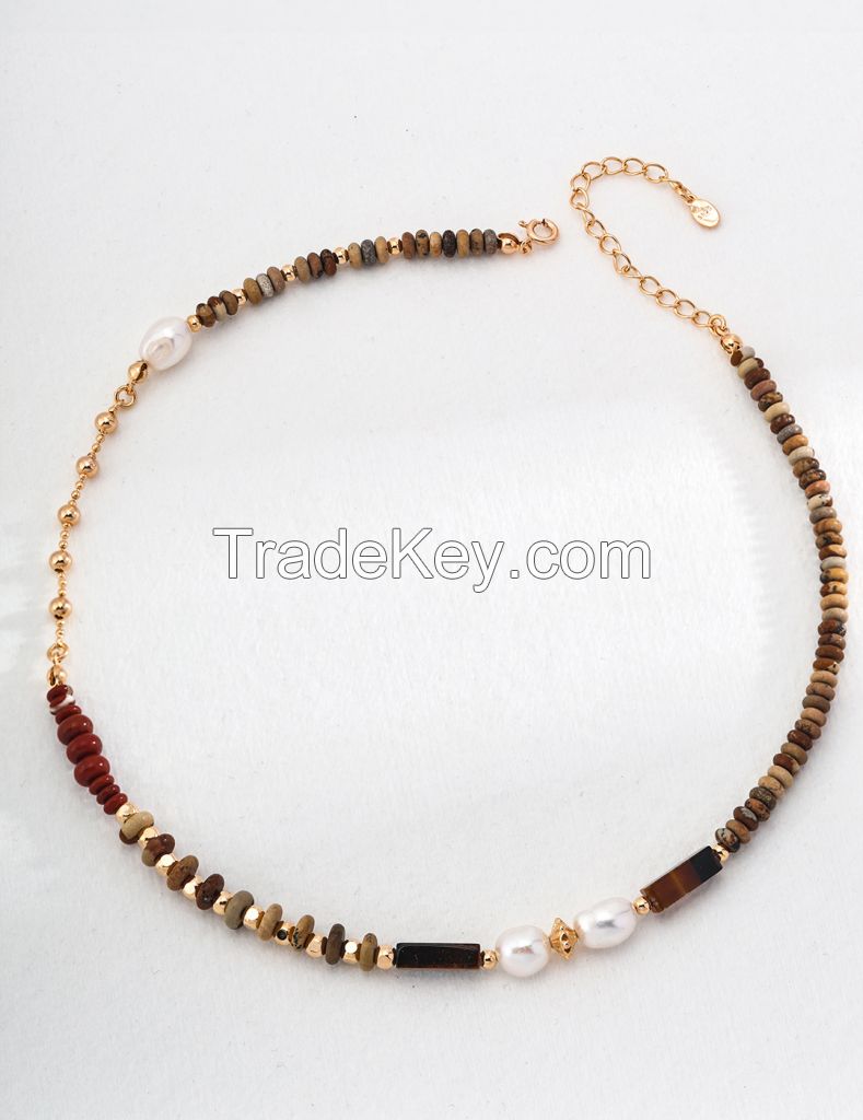 Summer Island Vacation Sterling Silver Natural Pearls Tiger eye necklace