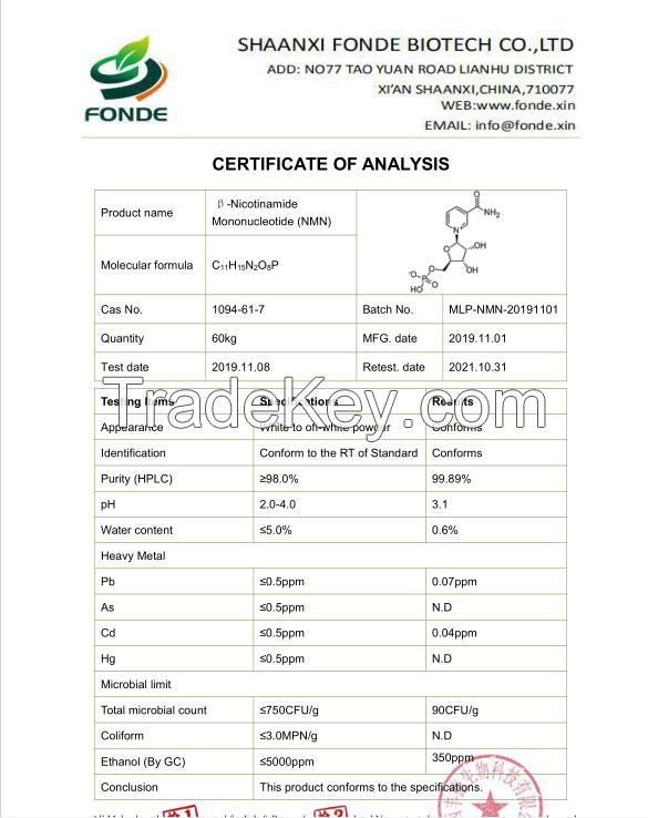 Factory supply Beta NMN Nicotinamide Mononucleotide Pure 99% NMN Powder