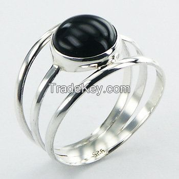 Triple Sterling Silver Open Band Round Black Agate Gemstone