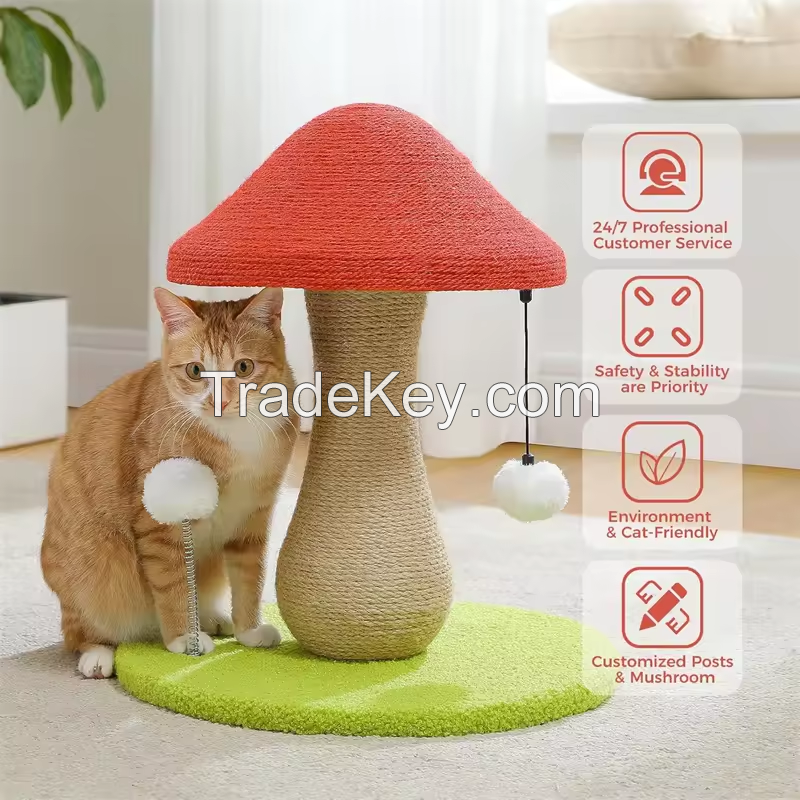 Mushroom Cat Scratching Post Cute with 100% Sisal Covered Scratching Post and Pompoms Cat Toy