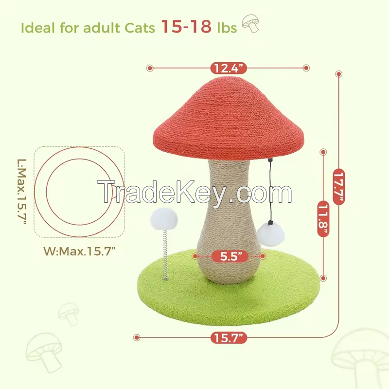 Mushroom Cat Scratching Post Cute with 100% Sisal Covered Scratching Post and Pompoms Cat Toy