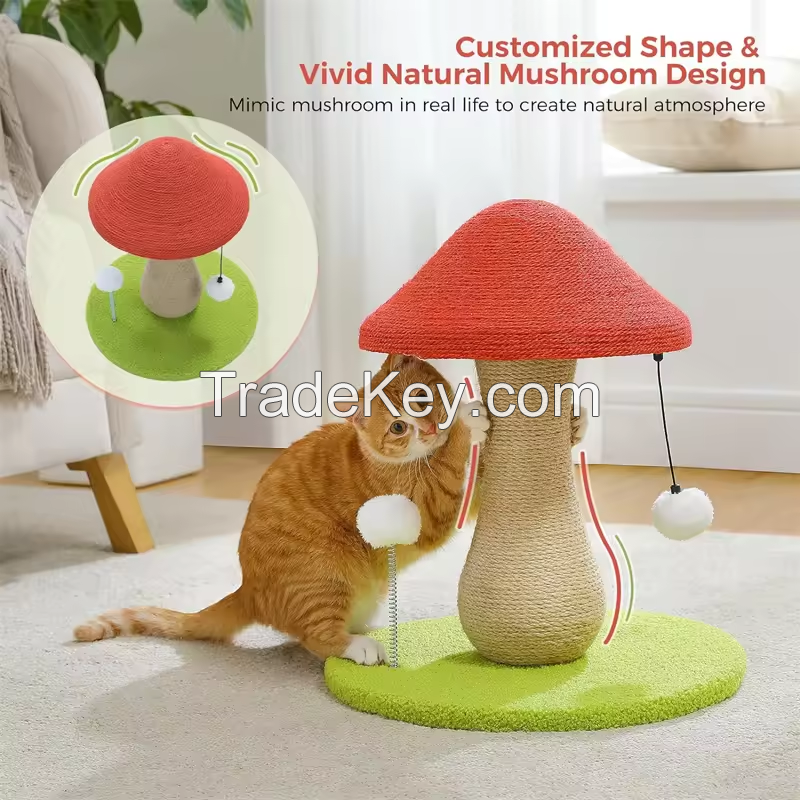 Mushroom Cat Scratching Post Cute with 100% Sisal Covered Scratching Post and Pompoms Cat Toy