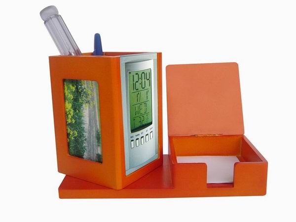 Rolling LCD calendar clock with pen holder & name card holder & photo