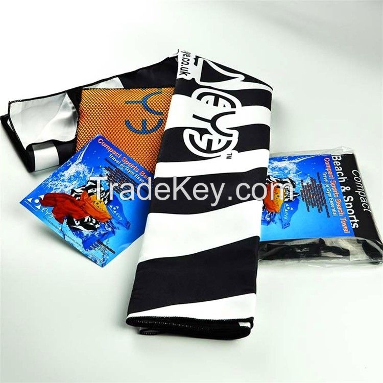 Fast-Drying Good Absorbent Custom Printed Microfiber Beach towel with Custom Package Mesh Bag