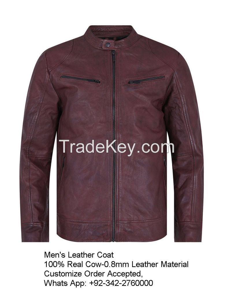 Men's Leather Coat 100% Real Cow-Hide, 0.8mm Leather Material