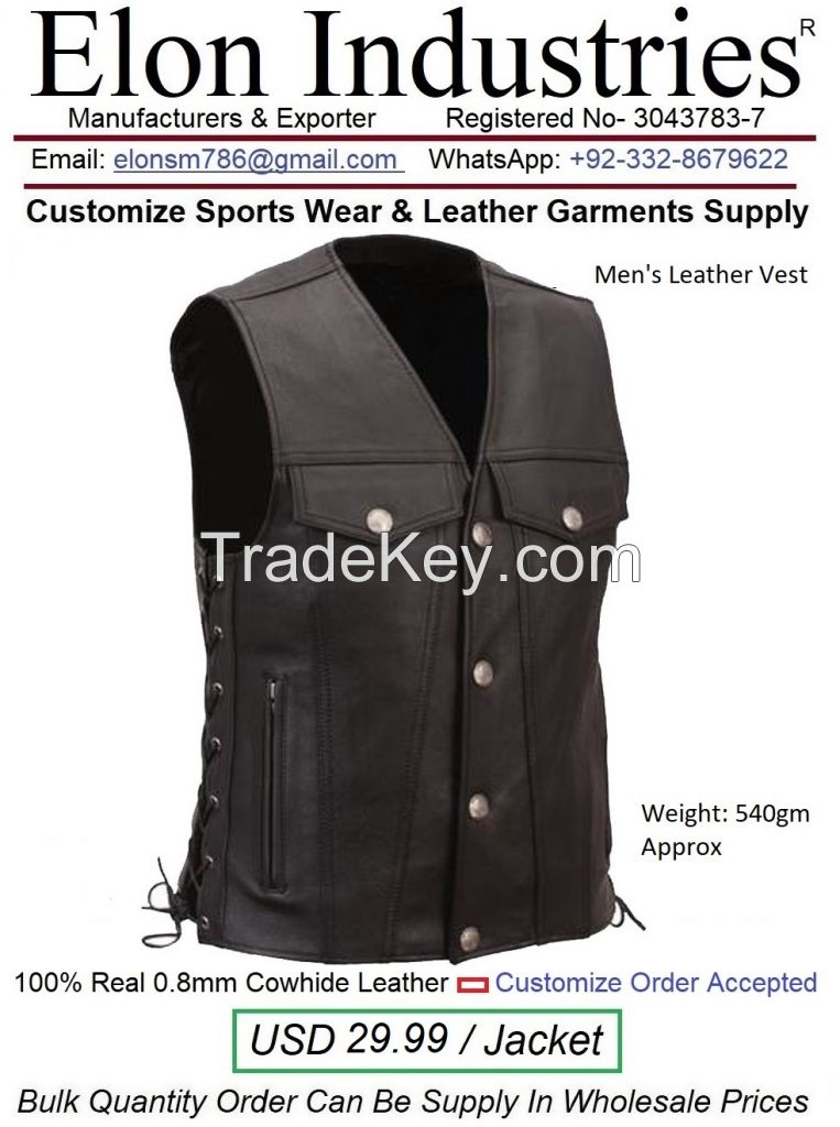 Men Leather Vest Made With Cow-hide Leather Material