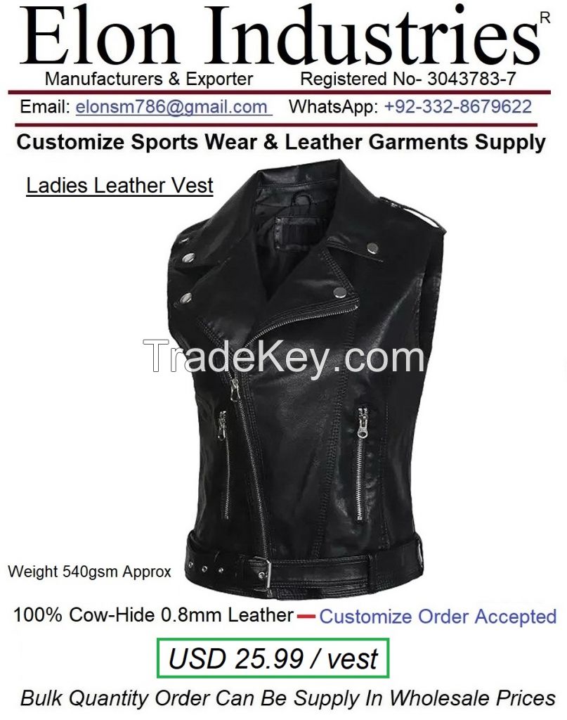 Ladies Leather Vest made with Cow-Hide Leather Material