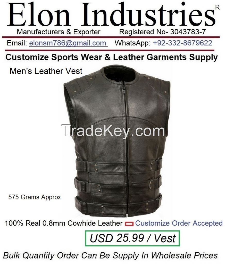 Men Leather Vest Made With Cow-hide Leather Material