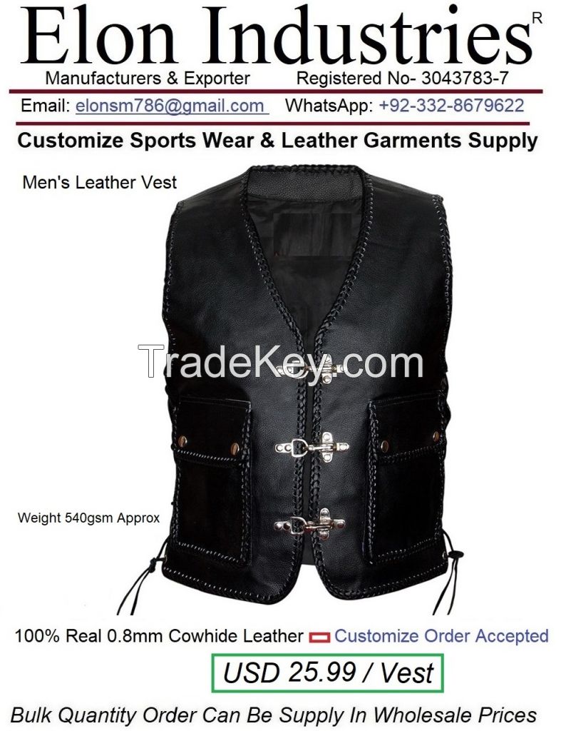 Men Leather Vest Made With Cow-hide Leather Material