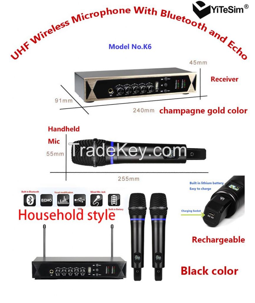 Yitesim K6 Family style Wireless Microphone UHF, with USB, Echo and Bluetooth