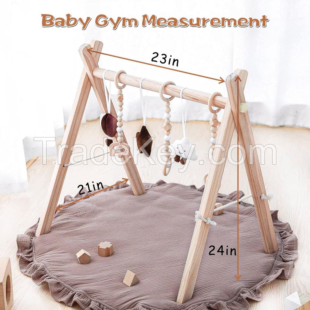 Wooden Baby Play Gym Play Mat Baby Gym with 6 Hanging Sensory Toys Foldable Baby Gym