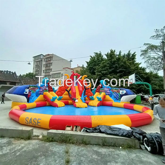 Commercial grade giant whale inflatable ground water park with big pool for kids and adults