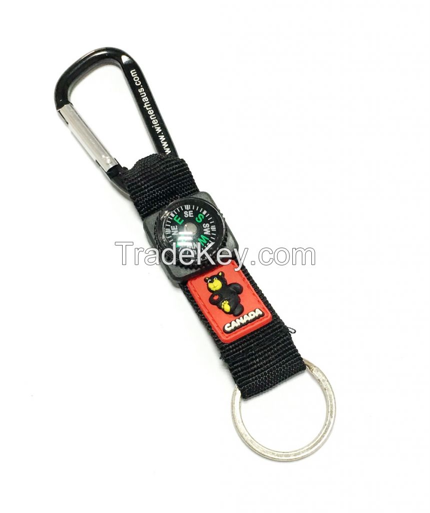 Short Lanyard Black Carabiner Key Chain With PVC Bear Compass Red Logo Key Ring