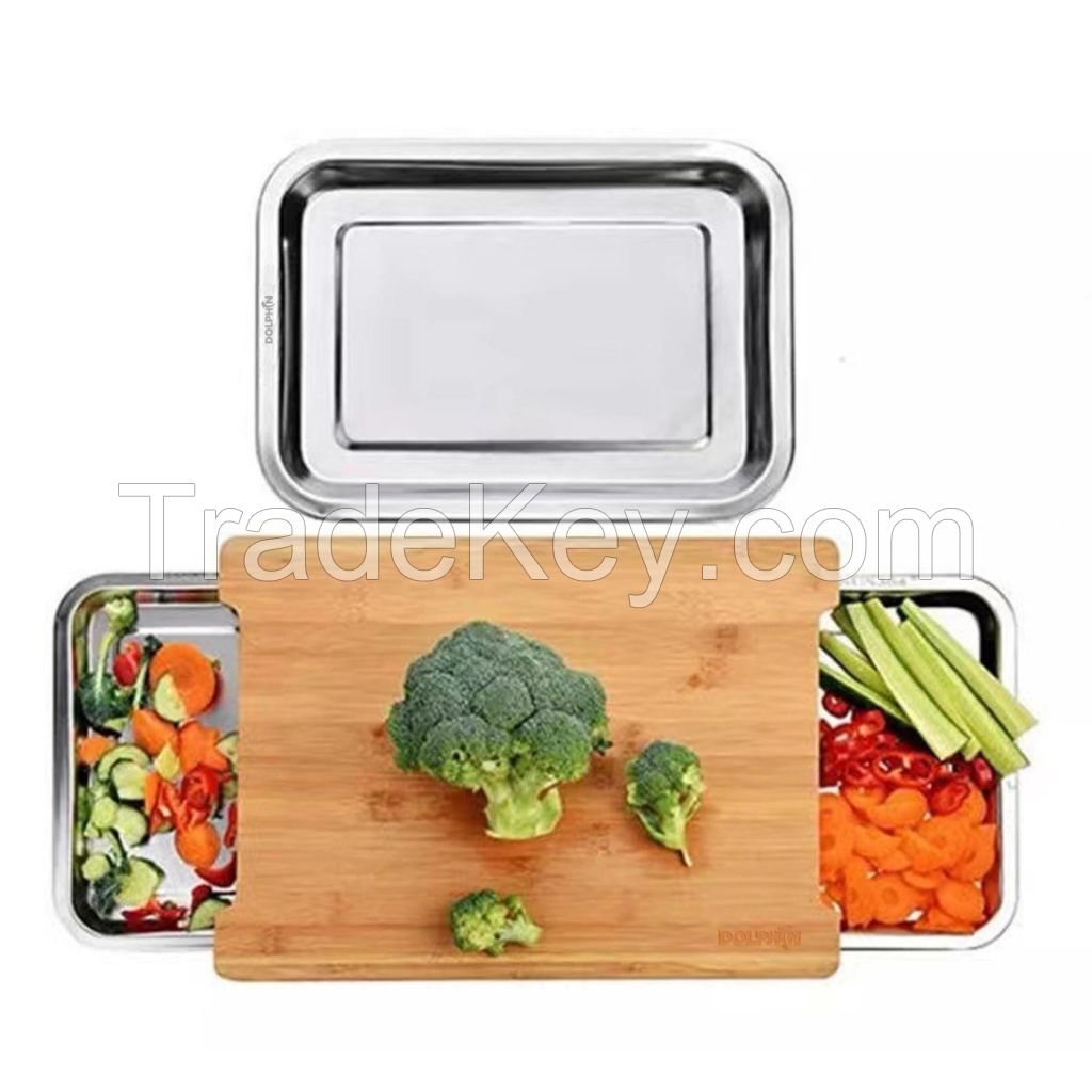 Bamboo Chopping Board With 2 Stainless Steel Tray