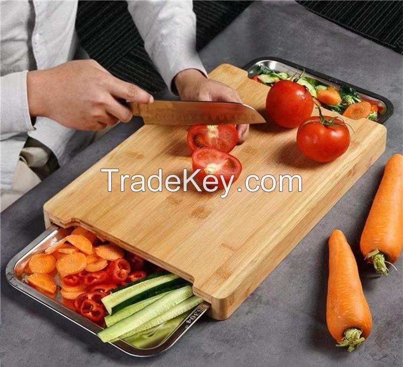 Bamboo Chopping Board With 2 Stainless Steel Tray