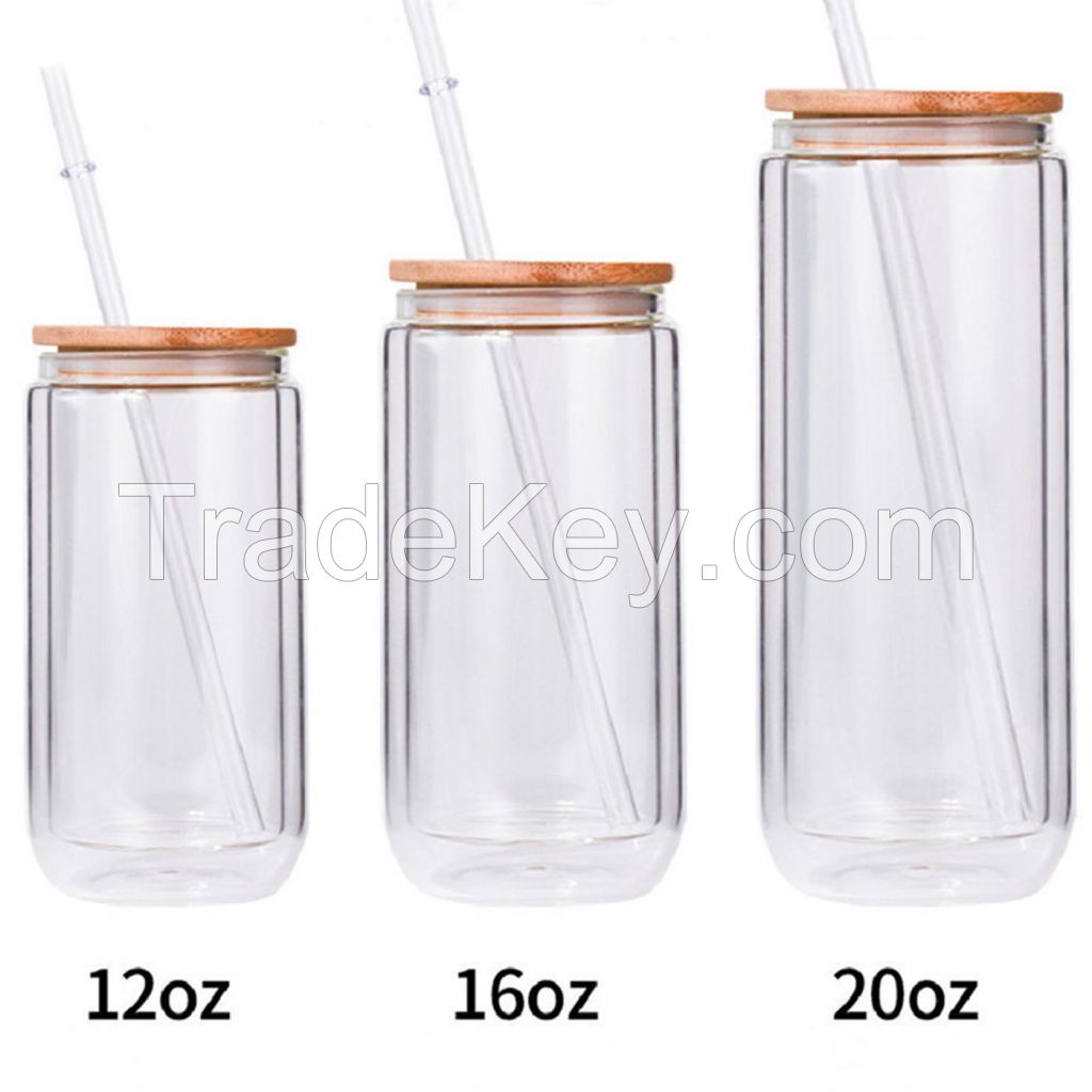 12 oz. Double Wall Can Glass With Bamboo Lid & Straw