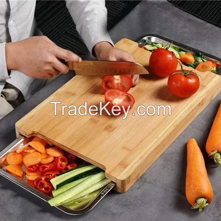 Bamboo Chopping Board With 2 Stainless Steel Tray