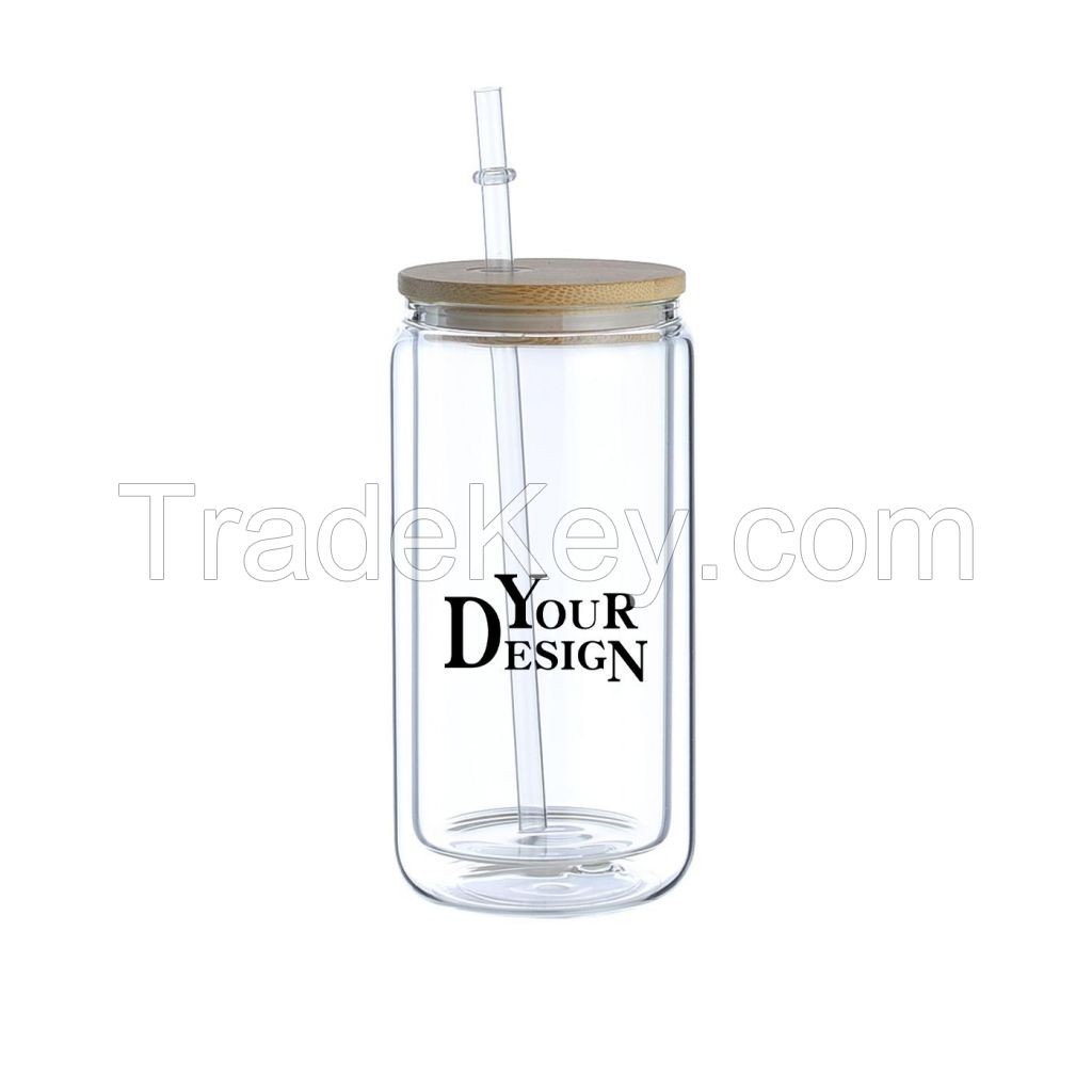 12 oz. Double Wall Can Glass With Bamboo Lid & Straw